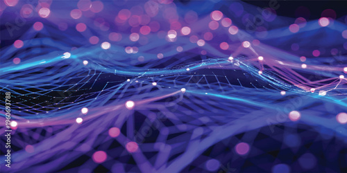 A digital wallpaper design featuring water drops on a glass backdrop with blue fiber optic lines and fractal light patterns representing a high-speed data communication network