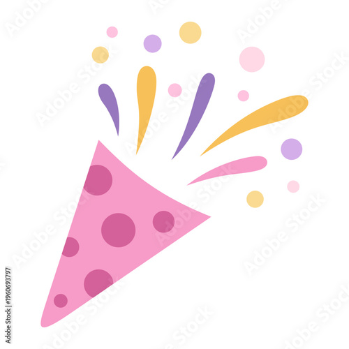 Сelebration party popper with colorful confetti burst. Festive image in cartoon style. Vector illustration.