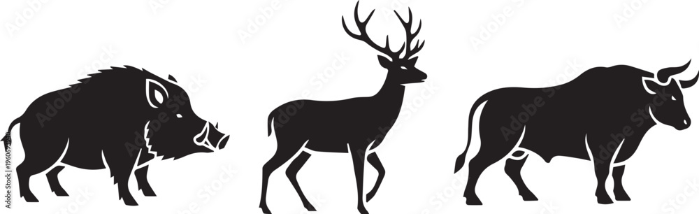Obraz premium Wild Animal Silhouette Set with Boar, Deer, and Bull Icons