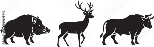 Wild Animal Silhouette Set with Boar, Deer, and Bull Icons