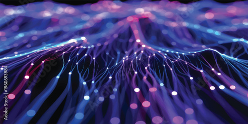 A digital pattern of blue fiber optic cables creates a macro science background where light data flows through glass technology for high-speed internet communication across a dark network space
