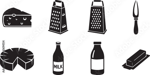 Dairy Product and Cheese Grater Black Silhouette Icon Set