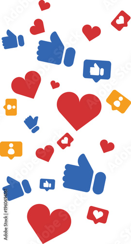 Social media and reaction icon set with emojis,likes,hearts and symbols collection with communication camera and global network elements Perfect for digital marketing, communication.