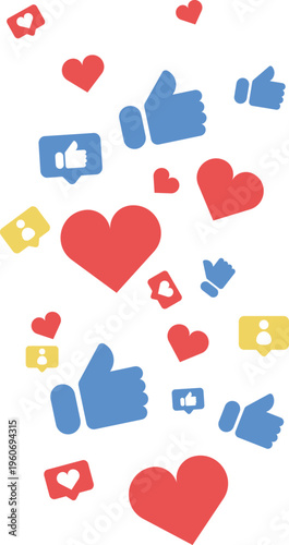 Social media and reaction icon set with emojis,likes,hearts and symbols collection with communication camera and global network elements Perfect for digital marketing, communication.