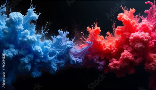 Vibrant colorful ink splashes explode against a black background with fiery orange energy and red smoke textures creating a hot inferno design