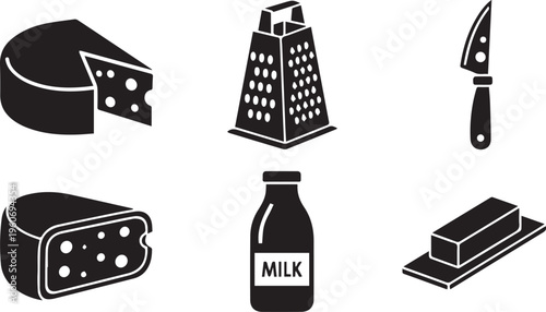 Dairy Product Icons: Cheese, Milk, and Butter Silhouette Set for Food Design