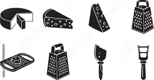 Cheese and Grater Icon Set, Dairy Products and Kitchen Tools Vector