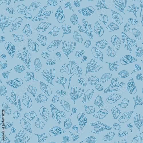 Seamless pattern with hand drawn seashells snails mollusks seaweed and coral in retro style. Crayon like linework creates a soft artistic texture. Muted blue tones give a cool calm coastal mood