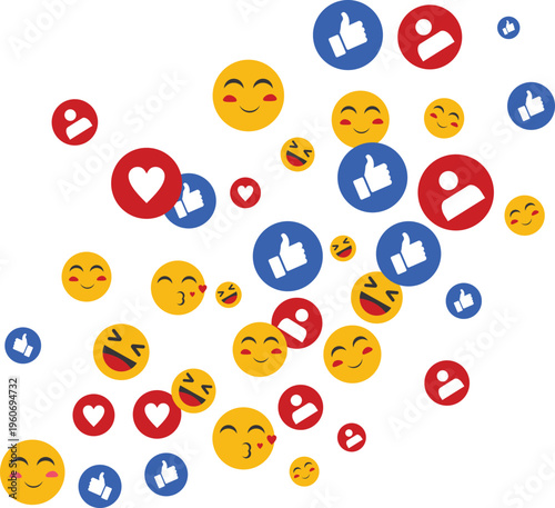 Social media and reaction icon set with emojis,likes,hearts and symbols collection with communication camera and global network elements Perfect for digital marketing, communication.