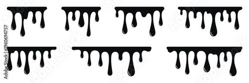 Black Dripping Oil Stain Vector Illustration, Melted Liquid Ink Drips, Grunge Splash Silhouettes Set, Abstract Fluid Drops Isolated on White Background for Design, Texture, Overlay Elements