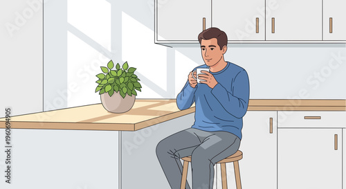 Man Drinking Coffee in Modern Kitchen Morning Sunlight