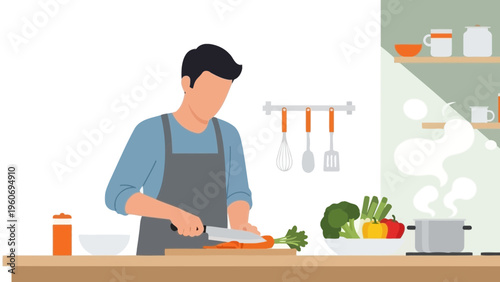 Man preparing vegetables in a modern kitchen, cooking healthy food