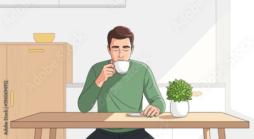 Man enjoying a cup of coffee at a kitchen table, relaxed morning, natural light