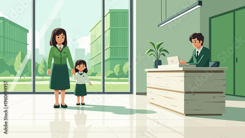 Mother and daughter at modern office reception, businessman at desk, business concept