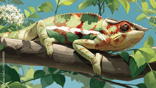 Vibrant Chameleon Resting on Tree Branch Amidst Lush Green Foliage