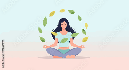 Woman meditating in lotus pose surrounded by floating green leaves, serene mindfulness concept