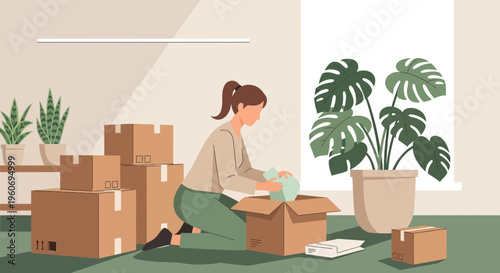 Woman Packing Boxes for Moving House, Home Relocation Concept