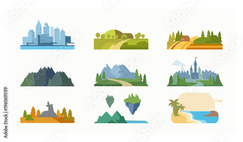 Flat landscape set city rural mountain fantasy travel vector illustration