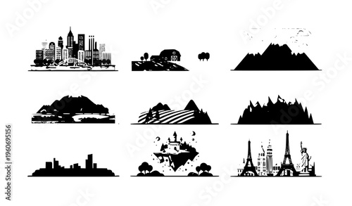 Minimal flat landscape icons city countryside mountain vector set
