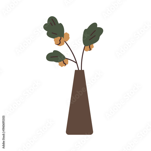 Plant branch in ceramic vase. Floral botanical decoration. Natural decorative leaf and delicate flowers. Home interior indoor decor. Flat vector illustration isolated on white background