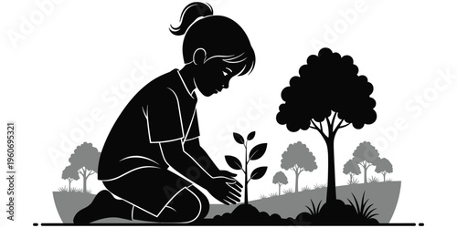 Child planting sapling silhouette, environmental care, nature growth, outdoor park scene, eco-friendly artwork, black vector illustration, sustainability concept design