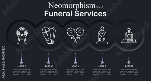 Funeral services set icon. Memorial wreath ribbon, coffin cross, funeral flowers bouquet, tombstone heart rip, grave monument cross, burial ceremony, cemetery memorial