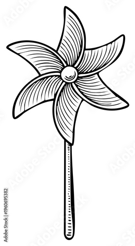 Black and White Hand Drawn Illustration of a Pinwheel Toy with Star Shaped Blades