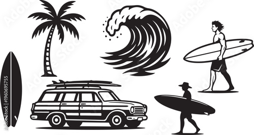 Surfing lifestyle vector set, retro surf elements with surfers, wave, palm tree, and vintage car silhouette