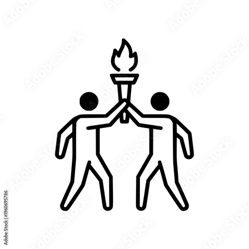 line illustration featuring two human figures lifting a flaming torch together, symbolizing teamwork, unity, and athletic spirit.