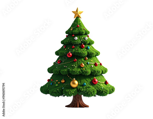 Cartoon christmas tree with star topper, colorful ornaments, and textured green pine needles