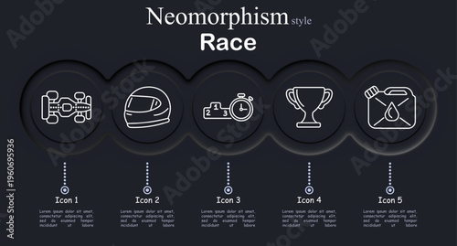 Race set icon. Formula car vehicle, racing helmet protection, podium ranking stopwatch, trophy victory cup, fuel canister pit stop, motorsport competition, speed tournament.