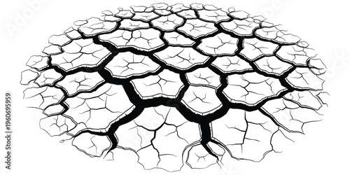 Cracked earth illustration, drought texture, dry soil surface, parched ground, desertification symbol, environmental artwork, climate change concept, black and white vector