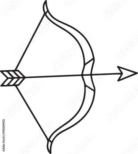 Bow and arrow line art illustration, archery sports vector icon, minimalist longbow drawing isolated on white