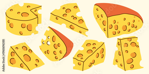 Hand drawn cheese set with wheels and wedges. Cartoon dairy food vector illustration.