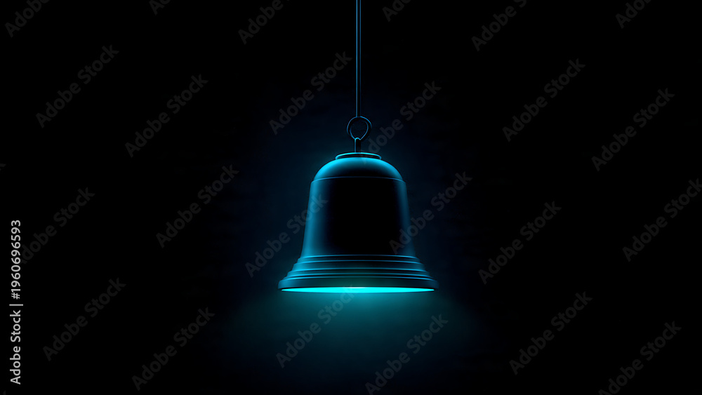 Obraz premium Glowing blue notification bell hanging in dark space, symbolizing alerts and new messages