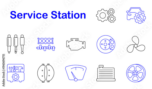 Service station set icon. Suspension, crankshaft, engine, brake, propeller, toolbox, scale, radiator, wheel, repair, maintenance, mechanic, automotive, equipment, transport, vehicle, tool, fix