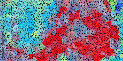 Colorful abstract pointillism pattern with red, blue, and green dots creating a textured, organic, and vibrant visual effect