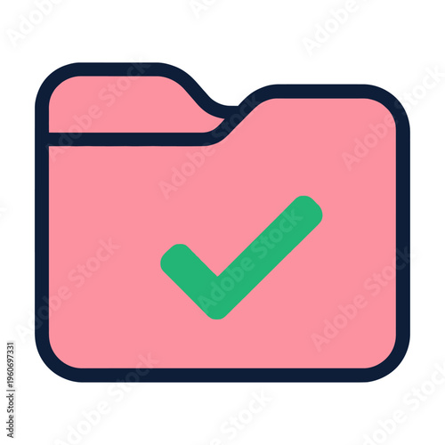 Pink vector folder icon with a green checkmark signifying approval or completion