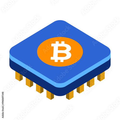 Vector of a chip with a bitcoin logo symbolizing cryptocurrency mining