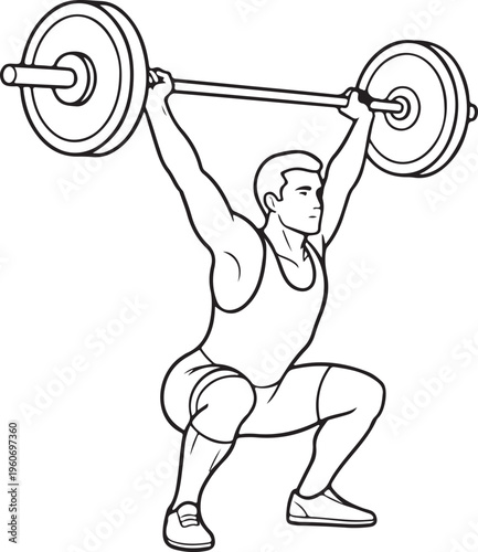 Muscular Man Performing Barbell Squat Line Art, Bodybuilding and Weightlifting Fitness Illustration
