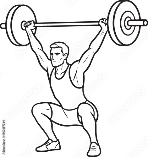 Muscular Man Performing Barbell Squat Line Art, Bodybuilding and Weightlifting Fitness Illustration