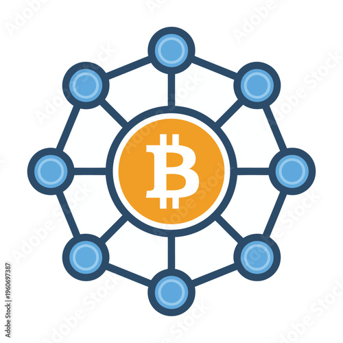 Vector of a bitcoin symbol surrounded by a network of interconnected nodes