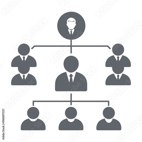 Vector depicting an organizational chart with a hierarchical structure showing leadership and team dynamics