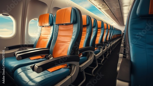 Modern Airplane Seats with Orange Headrests