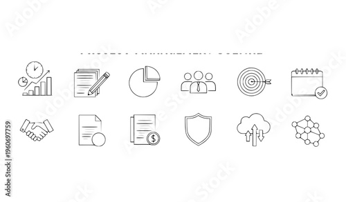 A set of business icons in a minimal line art style