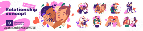 Romantic relationships concept set. Diverse couples in love. Young, adult and LGBT people kiss, hug and gesture heart. Heterosexual and homosexual lovers. Flat isolated vector illustration on white