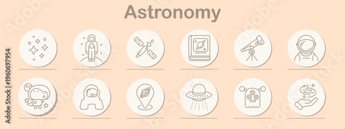 Astronomy set icon. Line symbols depict stars, astronaut figure, satellite, book with planet, telescope, helmet, alien face, spacesuit, planet marker, flying saucer, creature, galaxy in hand