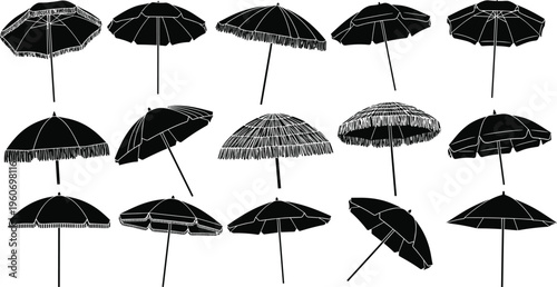 Beach umbrella silhouettes vector collection with various sunshade styles, black parasol icons isolated on white background for summer design