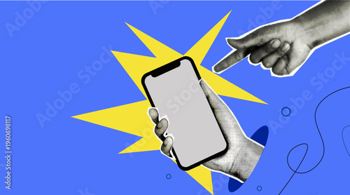 Close up hand holding smartphone while pointing at screen. Concept of mobile technology, touchscreen interaction, digital communication and modern smartphone usage.