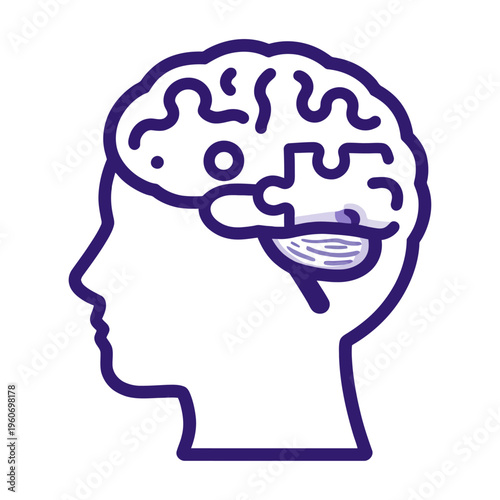 An outlined vector of a human head with a highlighted brain and cerebellum section